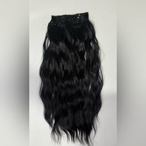 22” Human Hair Blend Clip-In Extensions Black Wavy Long Synthetic Blend Hair Set